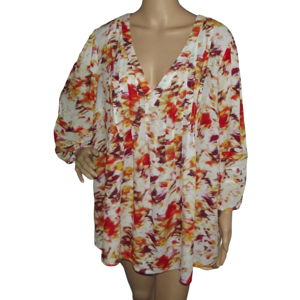 Terra&Sky Plus 1X 16W-18W Orange Pleated Purple V-Neck Peasant Top boho blouse